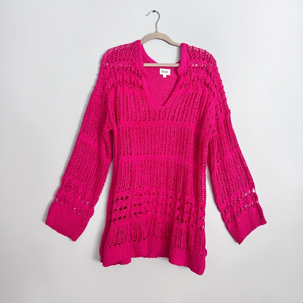 BiBi Hot Pink Open-Knit V-Neck Sweater